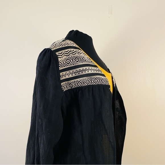 TRIBAL linen jacket embroidered black and white bohemian tassels textured large - Picture 7 of 15